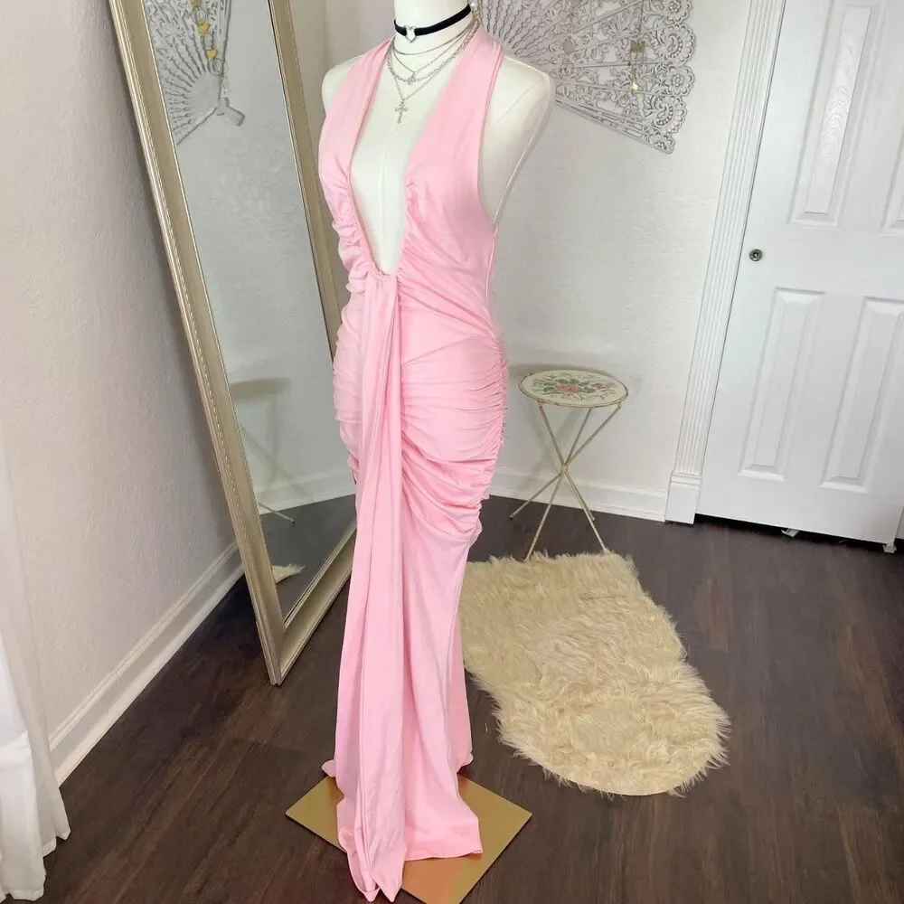 Nwot Light Pink Scrunched Trumpet Mermaid Deep Cutout Maxi Evening Dress M